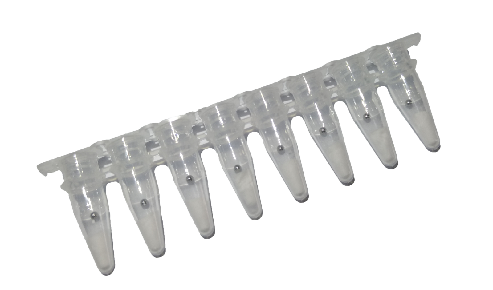 Eight-tube strip of lyophilised RAA reagent pellets